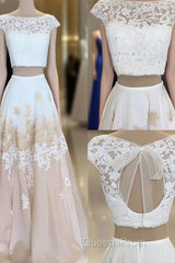White Two Pieces Lace Long Evening Prom Dress, White Evening Dress