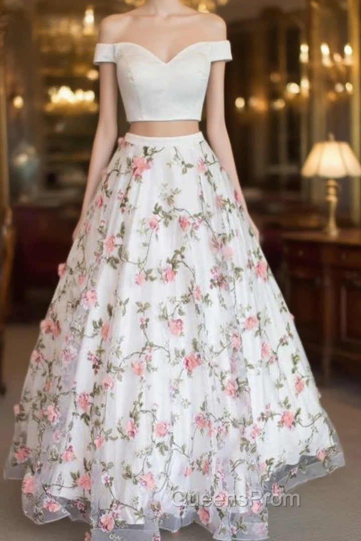 White Two Pieces Tulle Long Evening Prom Dress, Tulle Evening Dress 0021 Main image