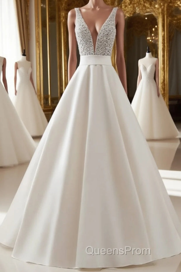 White v neck beads sequin long Evening Prom Dress, white evening Dress Main image