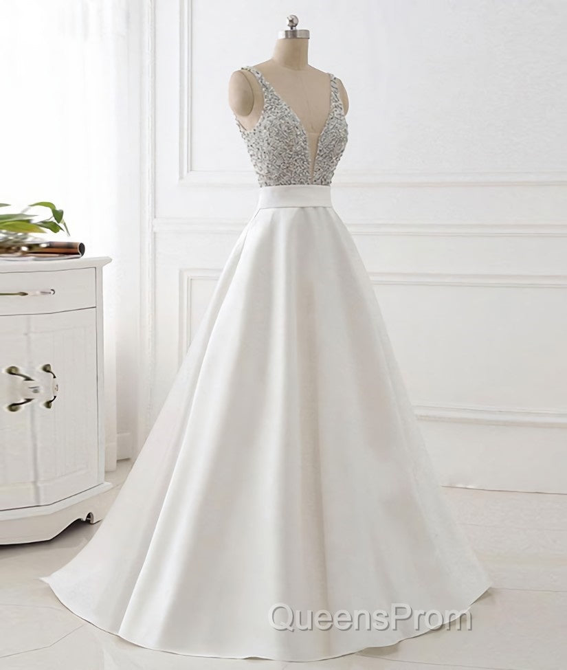 White v neck beads sequin long Evening Prom Dress, white evening Dress Secondary image