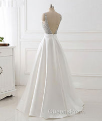 White v neck beads sequin long Evening Prom Dress, white evening Dress