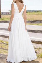 White V Neck Chiffon Floor Length Bridesmaid Dresses Long Bridesmaid Dress With Pleated Split