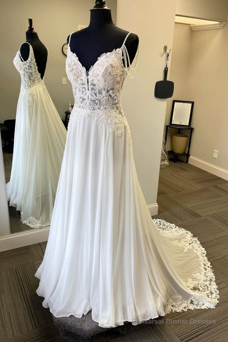 White v neck chiffon lace long prom dress, white evening dress Main image