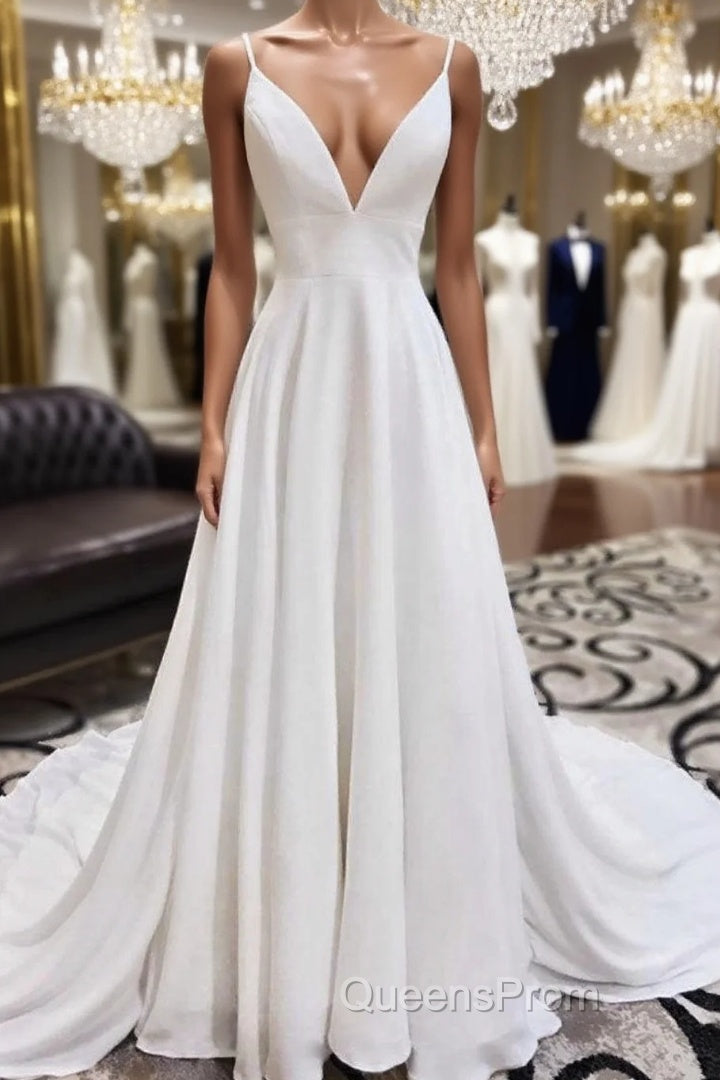 White v neck chiffon long Evening Prom Dress, white lace evening Dress Main image