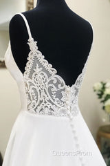 White v neck chiffon long Evening Prom Dress, white lace evening Dress