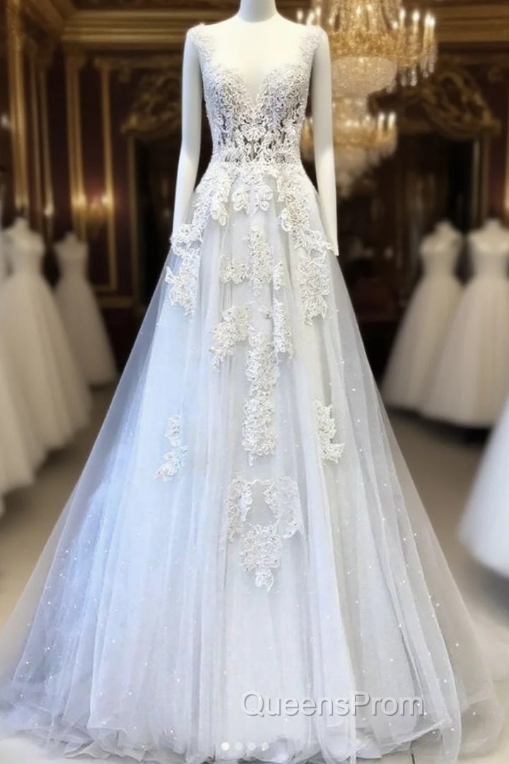 White V Neck Lace Tulle Long Wedding Dress, Lace Evening Prom Dress Main image