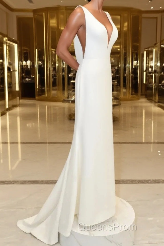 White v neck long Evening Prom Dress, white evening Dress Main image