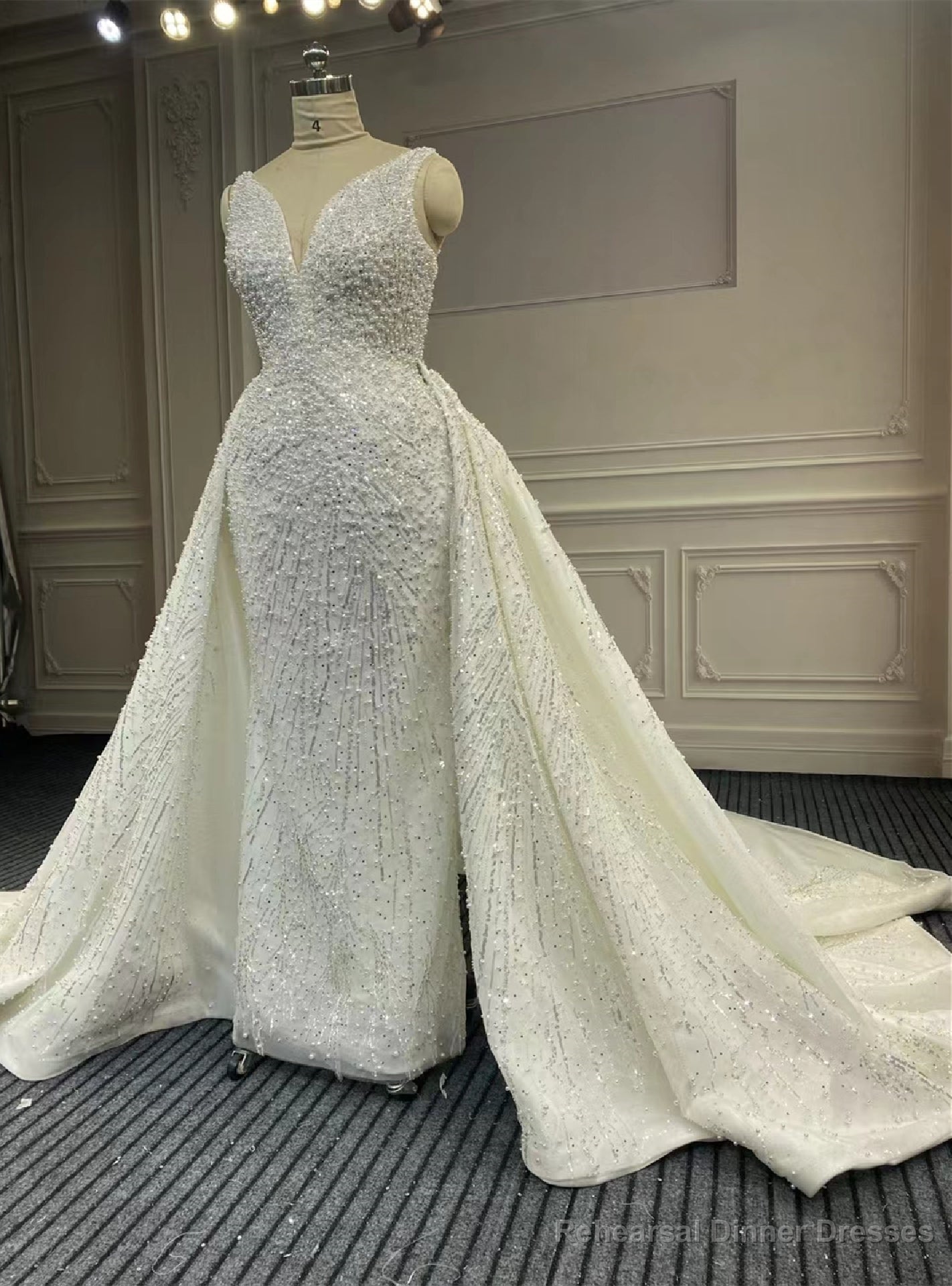 White V-neck Mermaid Beading Sequins Wedding Dress With Detachable Train Main image