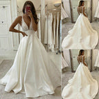 White V Neck Satin Lace Long Classy Prom Dress Classy Evening Dress