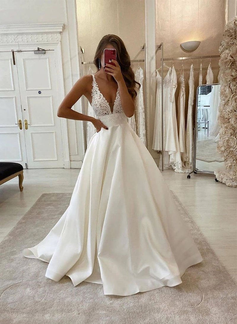 White V Neck Satin Lace Long Classy Prom Dress Classy Evening Dress