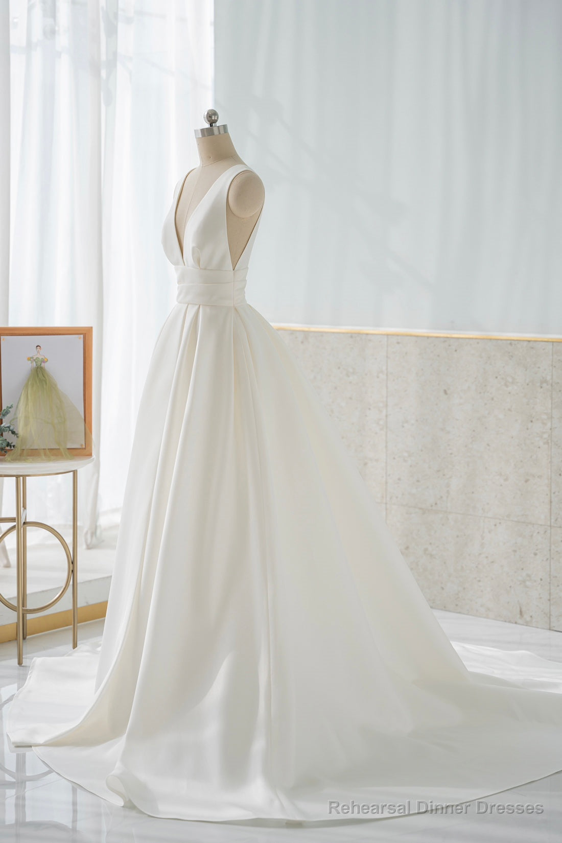 White V-Neck Satin Long Prom Dress, Simple A-Line Formal Dress Main image