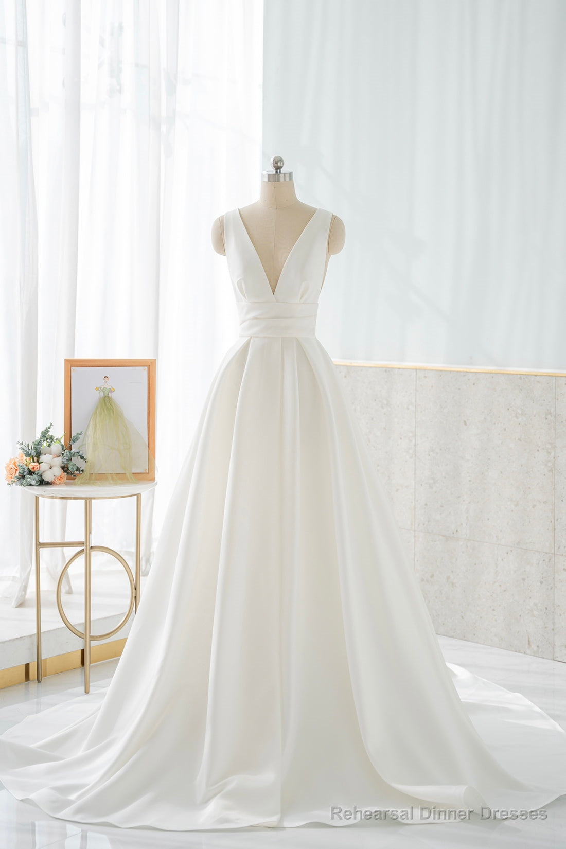 White V-Neck Satin Long Prom Dress, Simple A-Line Formal Dress Secondary image
