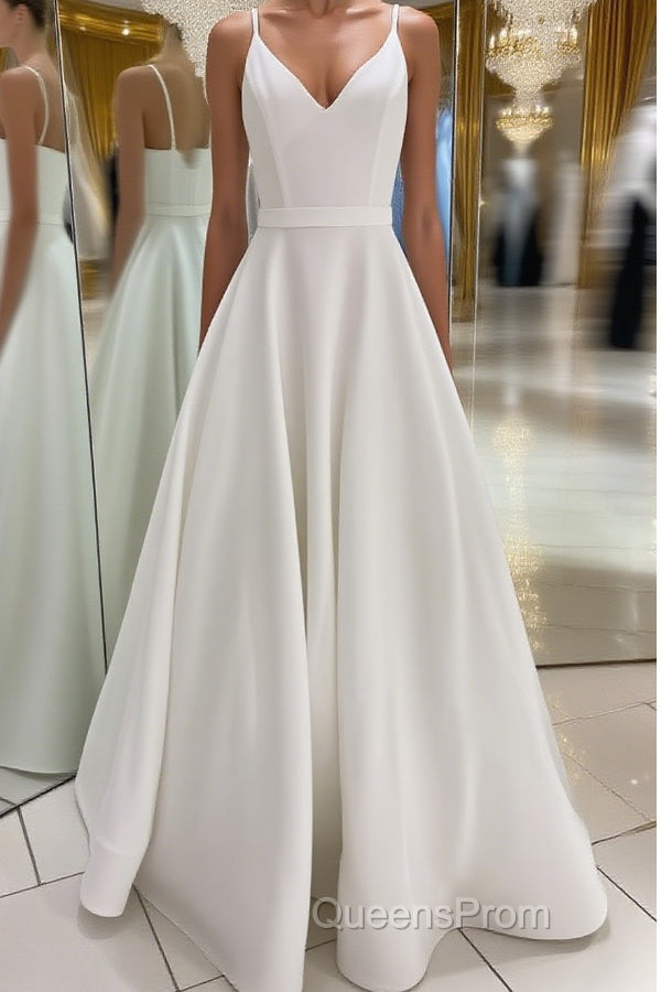 White v neck satin long Evening Prom Dress white evening Dress Main image