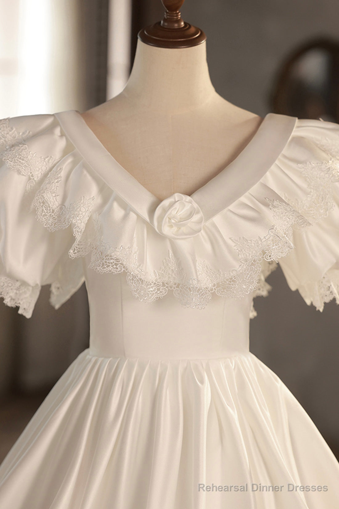 White V-Neck Satin Long Prom Dress with Lace, Wedding Dress Secondary image
