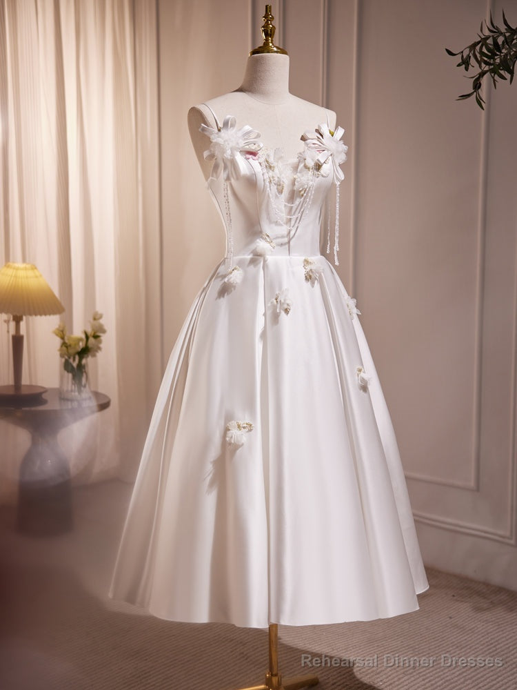 White V Neck Satin Tea Length Prom Dress, White Formal Dress With Beading Main image