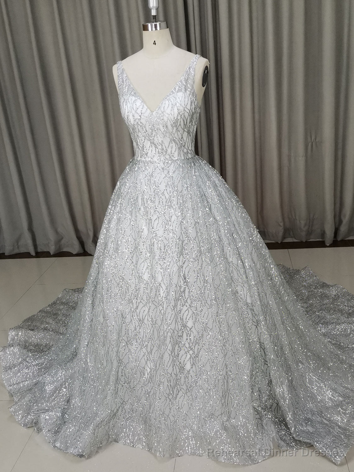 White V Neck Sequin Tulle Long Prom Dress White Tulle Evening Dress Main image