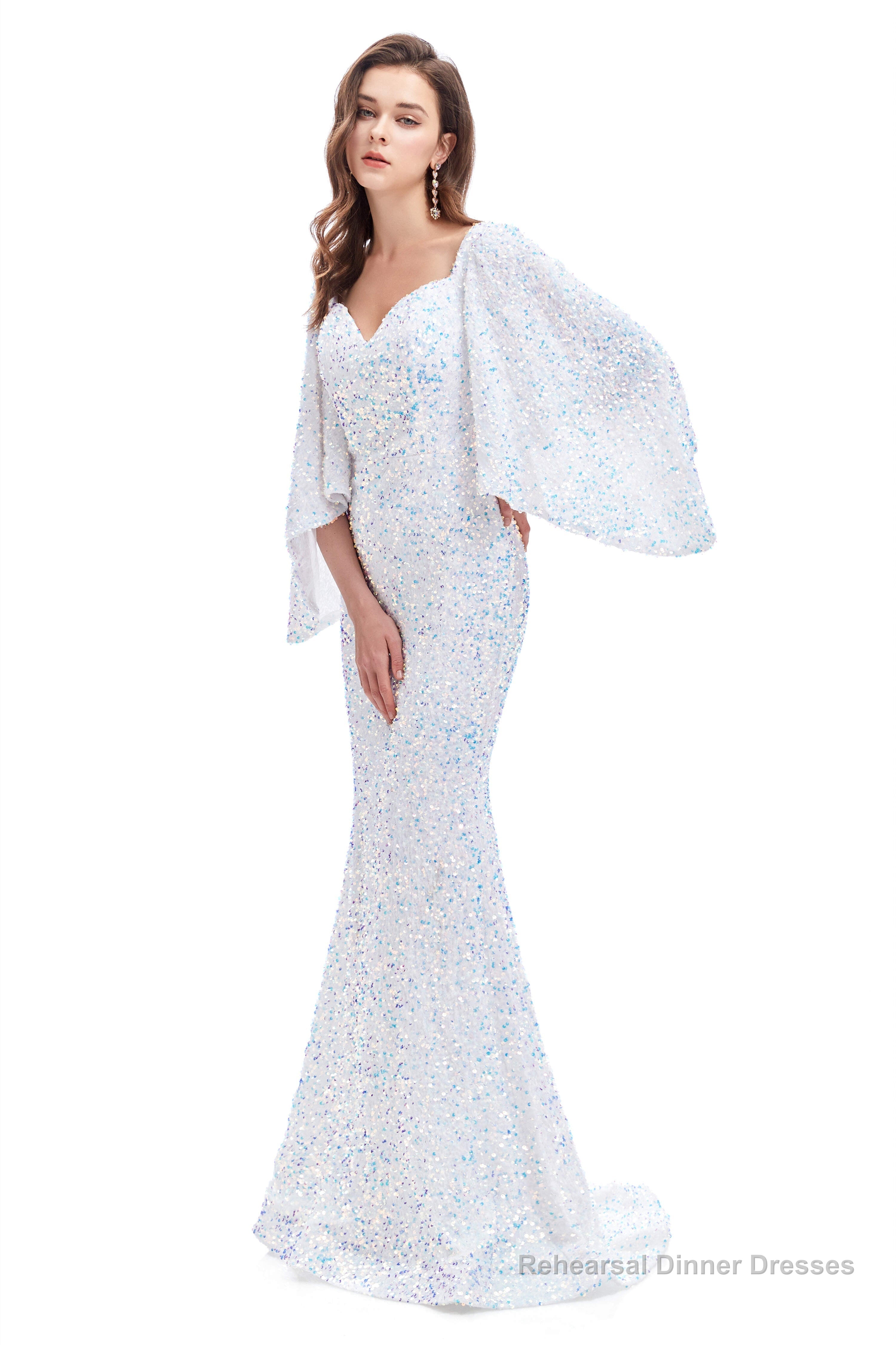 V-Neck Sequins Mermaid Prom Dresses with Sleeves