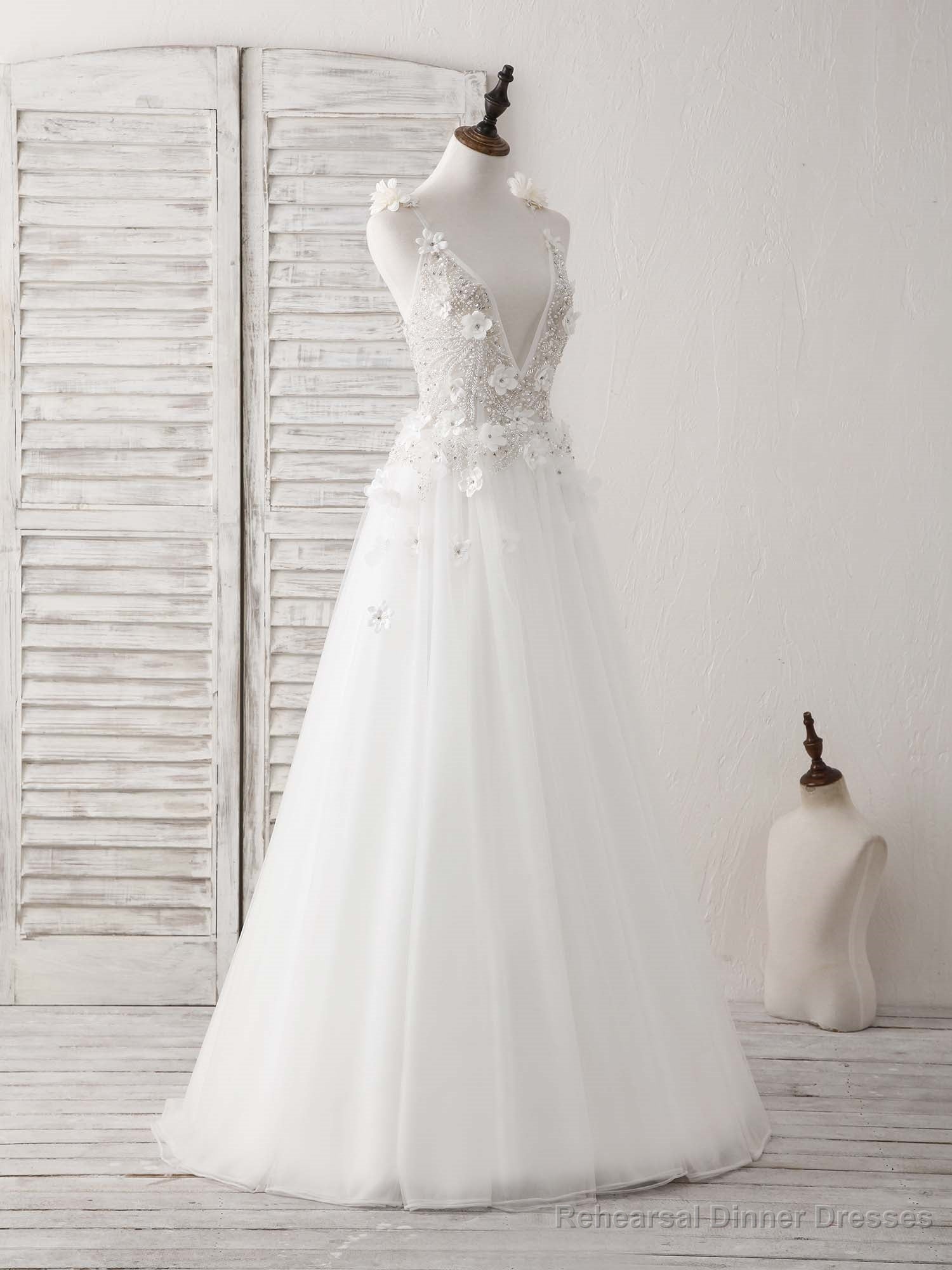 White V Neck Tulle Beads Long Prom Dress White Evening Dress Main image