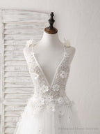 White V Neck Tulle Beads Long Prom Dress White Evening Dress