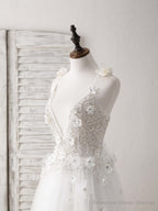 White V Neck Tulle Beads Long Prom Dress White Evening Dress