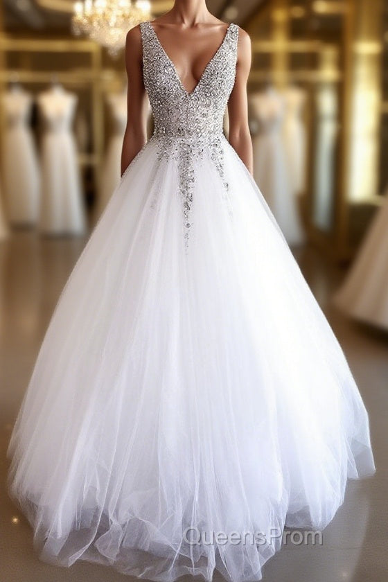 White v neck tulle beads sequin long Evening Prom Dress white evening Dress Main image