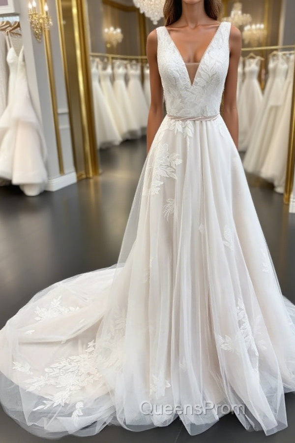 White v neck tulle lace long Evening Prom Dress, lace evening Dress Main image