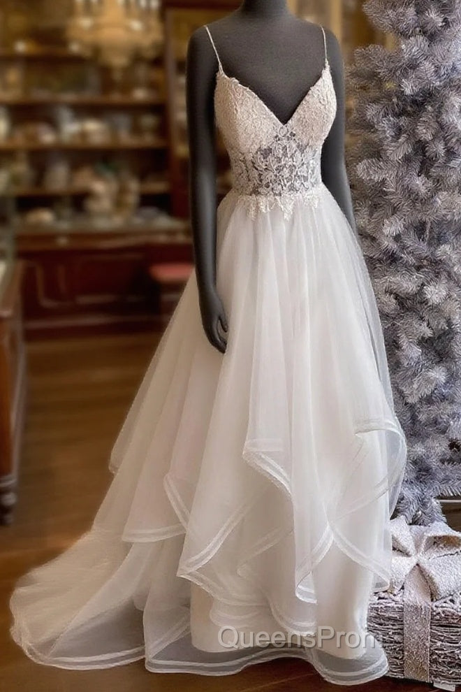 White V Neck Tulle Lace Long Evening Prom Dress, White Lace Evening Dress Main image