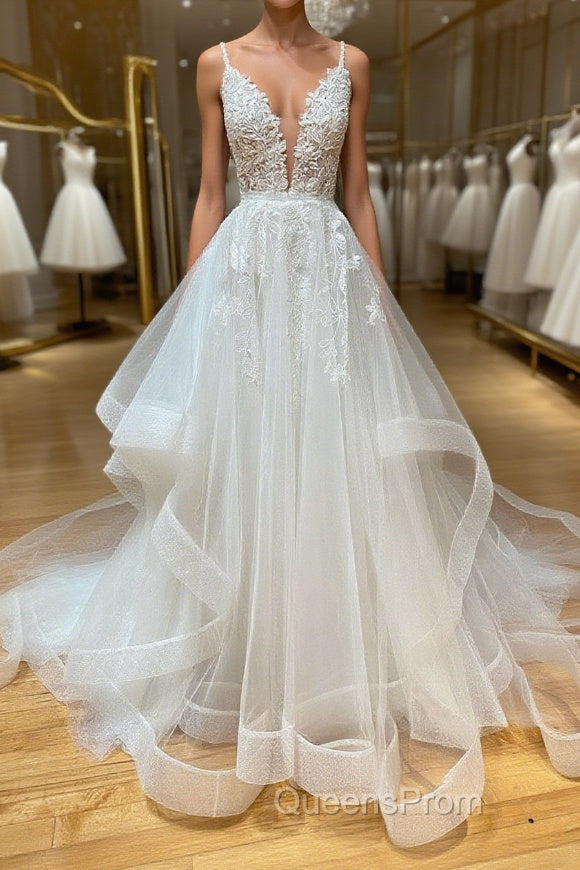 White v neck tulle lace long Evening Prom Dress, white lace formal Dress Main image
