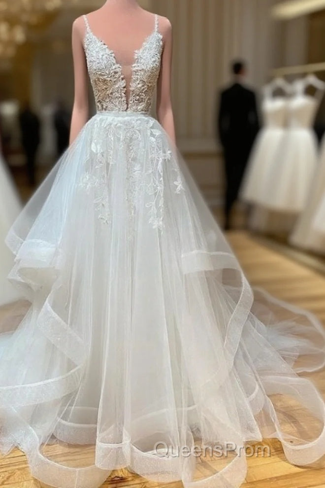 White V Neck Tulle Lace Long Evening Prom Dress White Lace Wedding Dress