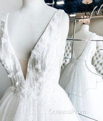 White V Neck Tulle Lace Long Evening Prom Gown Wedding Dress