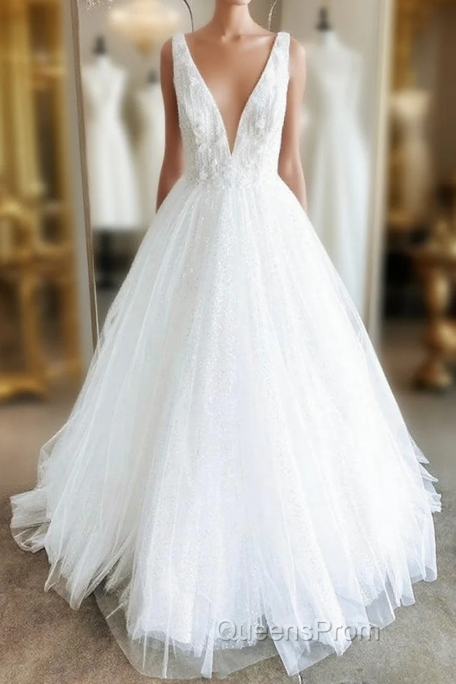 White V Neck Tulle Lace Long Evening Prom Gown Wedding Dress Main image