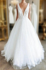 White V Neck Tulle Lace Long Evening Prom Gown Wedding Dress