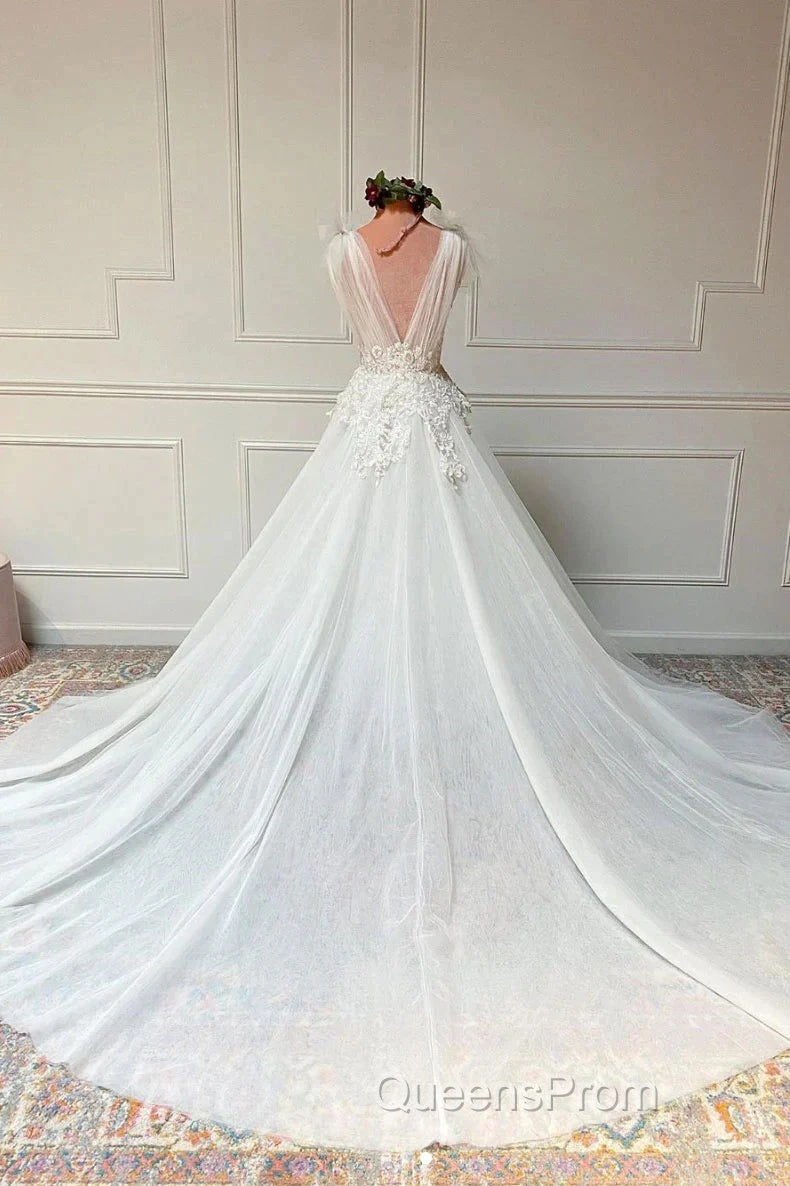 White V Neck Tulle Lace Long Wedding Dress Secondary image