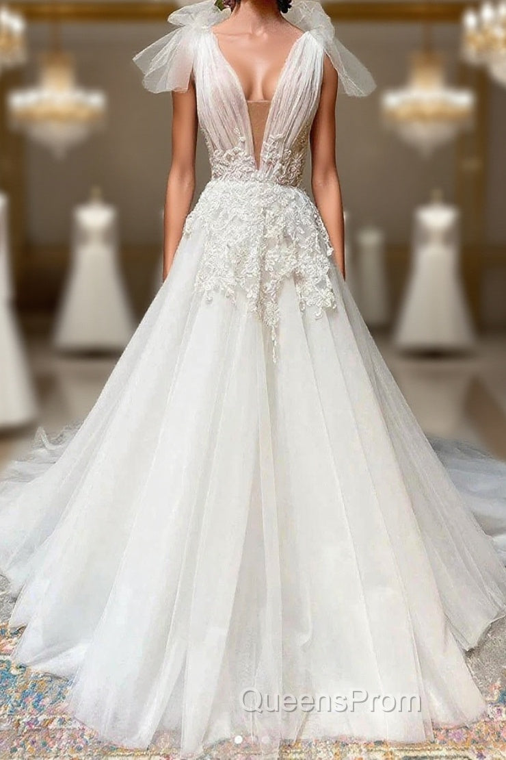 White V Neck Tulle Lace Long Wedding Dress Main image