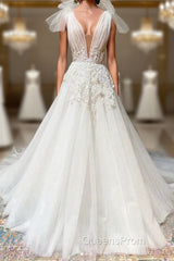 White V Neck Tulle Lace Long Wedding Dress