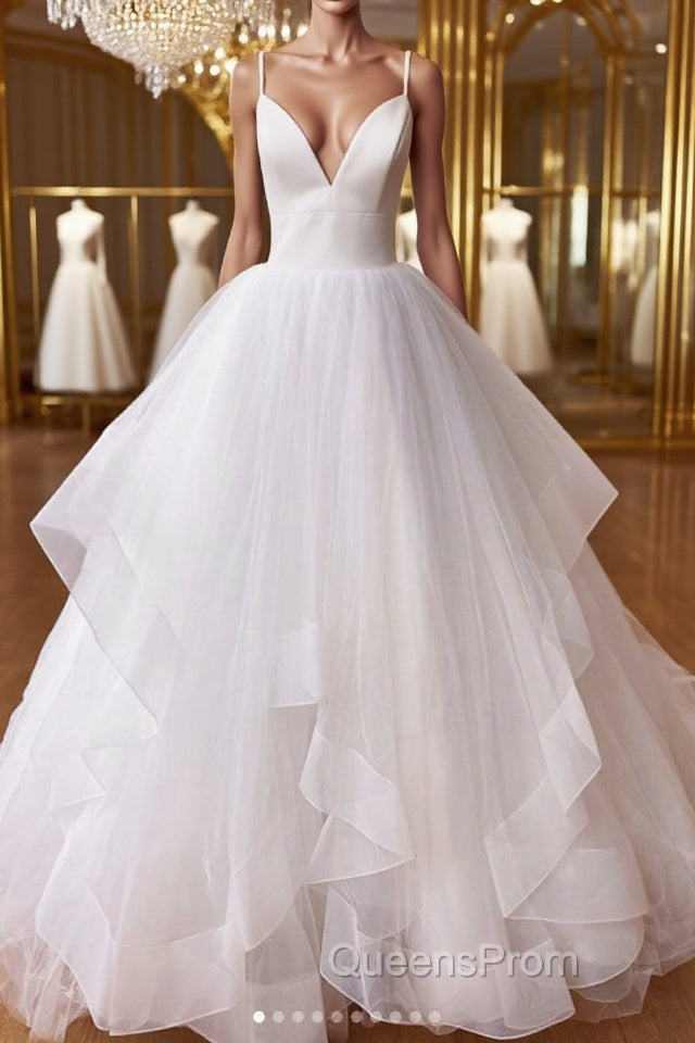 White v neck tulle long Evening Prom Dress white tulle evening Dress Main image