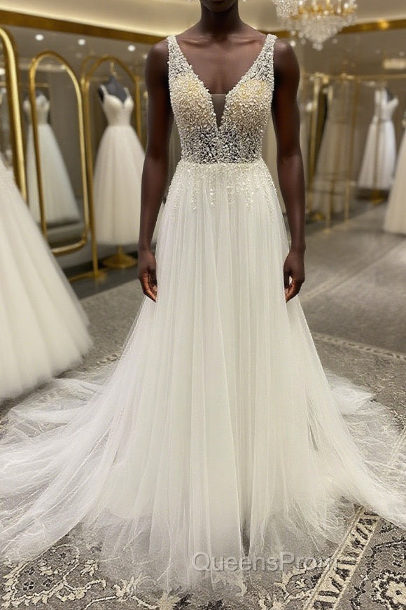White v neck tulle sequin beads long Evening Prom Dress, A line evening Dress Main image