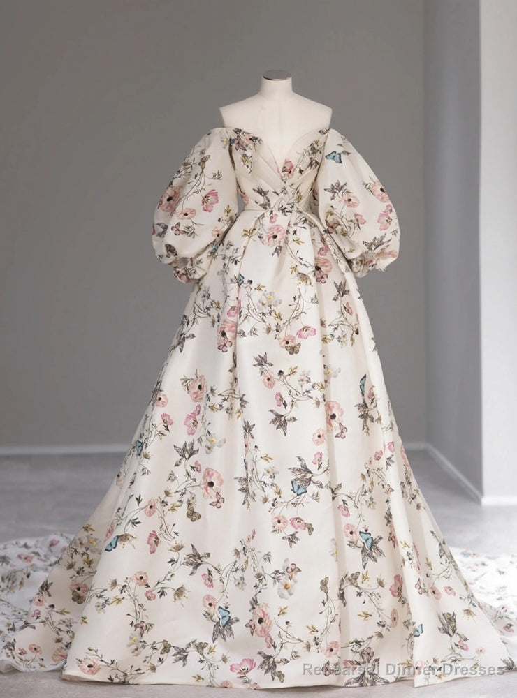 White Vintage Print Puff Sleeve Prom Dress Main image