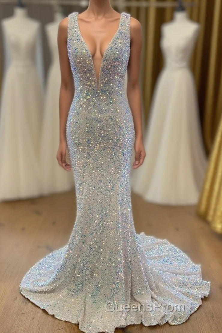 White Sequined Deep V Neck Sleeveless Glitter Evening Prom Dress Formal Gown Main image