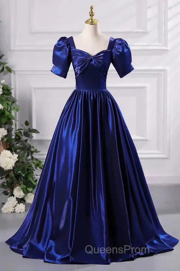 Wholesale Blue Satin Floor Length Evening Prom Dress A-Line Short Sleeve Backless Evening Party Dress