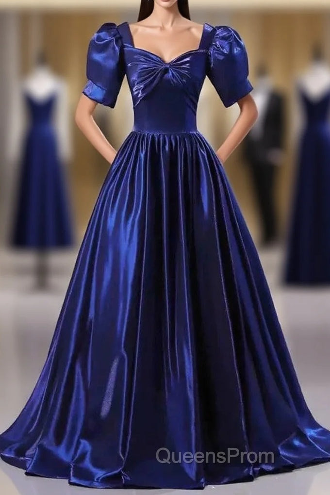 Wholesale Blue Satin Floor Length Evening Prom Dress A-Line Short Sleeve Backless Evening Party Dress Main image