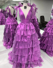 Wholesale Dark Purple Princess A-Line Deep V-Neck Long Tiered Evening Prom Party Dress Evening Prom Clothing