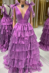 Wholesale Dark Purple Princess A-Line Deep V-Neck Long Tiered Evening Prom Party Dress Evening Prom Clothing
