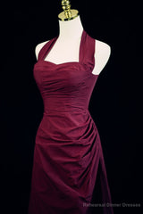 Wine Red A-Line Halter Vintage Style Prom Dress, Wine Red Long Evening Dress