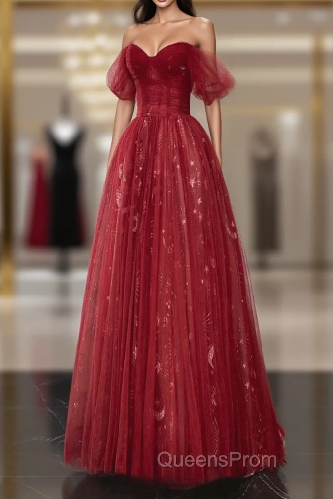 Wine Red A-Line Tulle Sweetheart Floor Length Party Dress, Wine Red Tulle Evening Prom Dress Main image