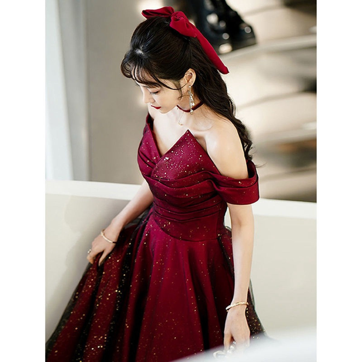 Wine Red And Black Off Shoulder Satin Party Dress, Red And Black Long Classy Evening Dress Secondary image