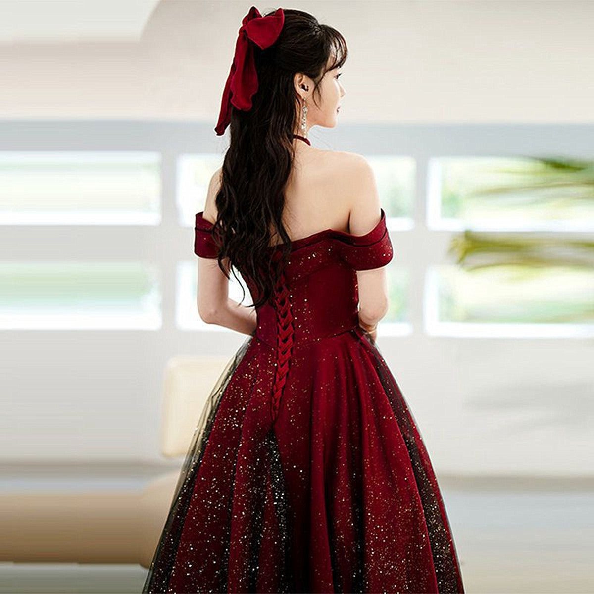 Wine Red And Black Off Shoulder Satin Party Dress, Red And Black Long Classy Evening Dress
