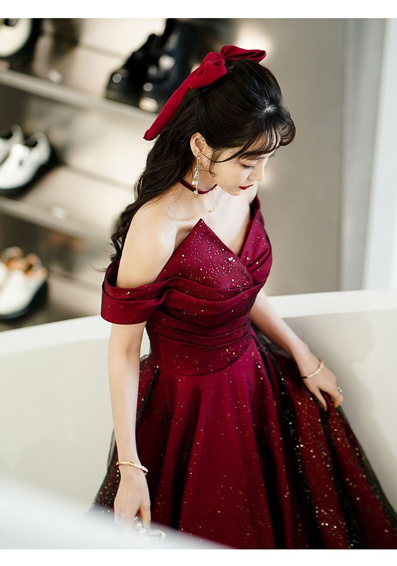 Wine Red And Black Off Shoulder Satin Party Dress, Red And Black Long Classy Evening Dress