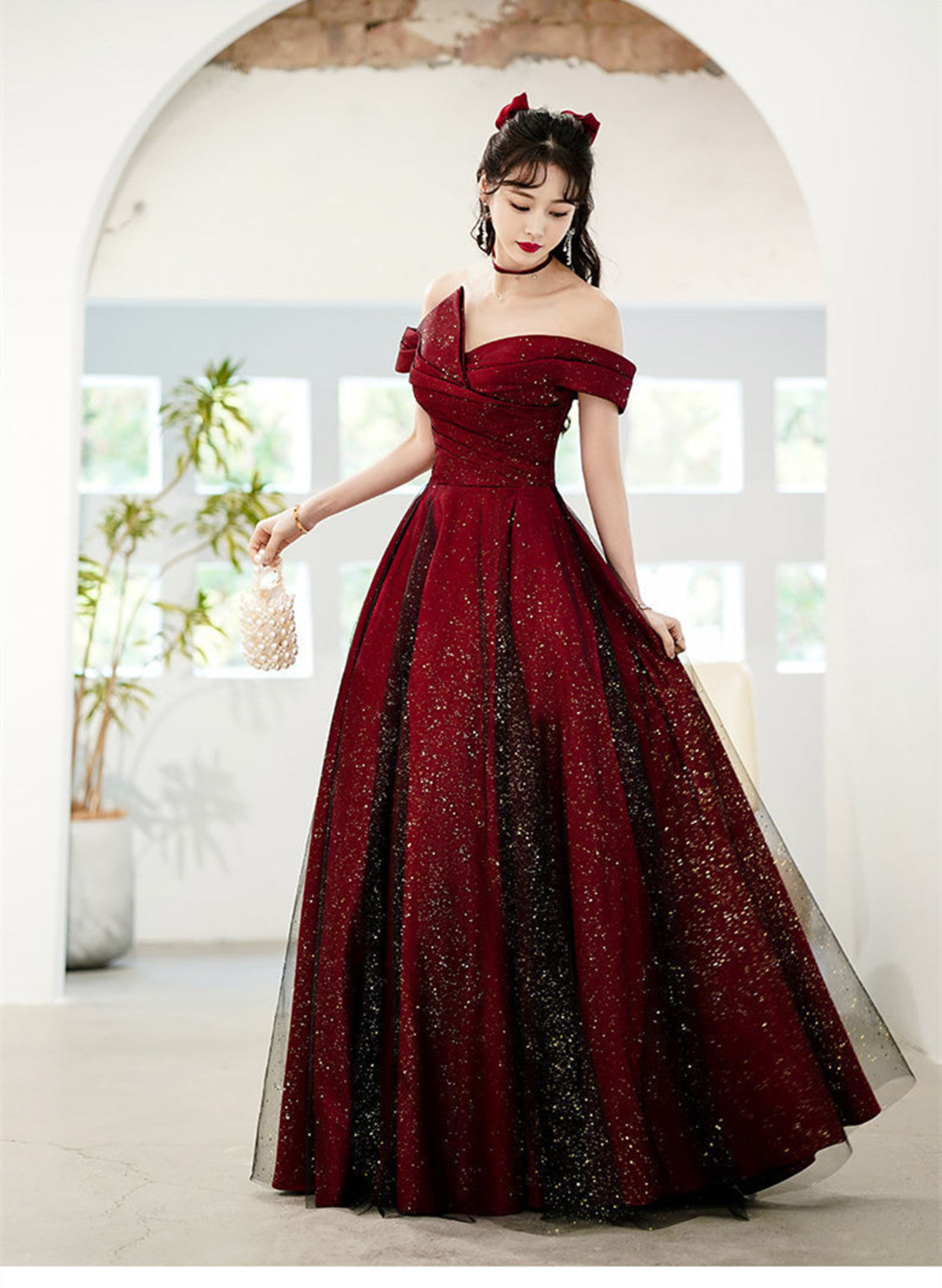 Wine Red And Black Off Shoulder Satin Party Dress, Red And Black Long Classy Evening Dress