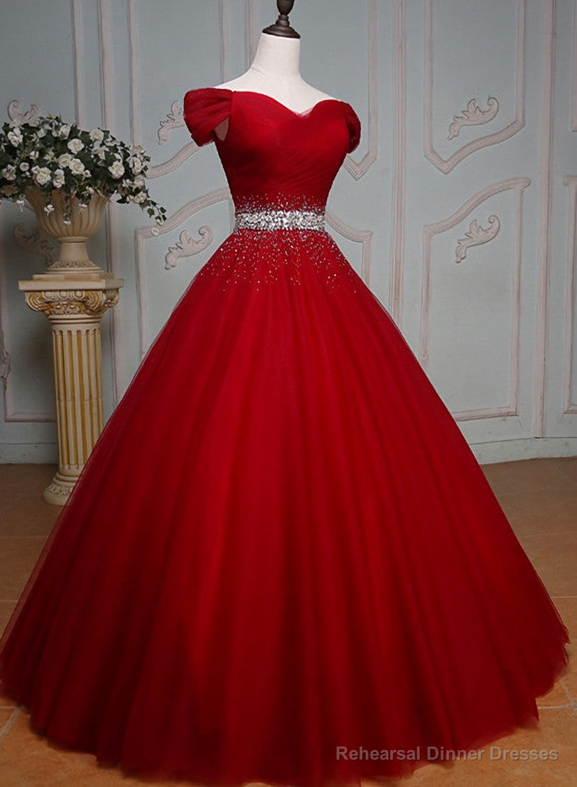 Wine Red Ball Gown Off Shoulder Beaded Party Dress, Tulle Off Shoulder Prom Dress Secondary image